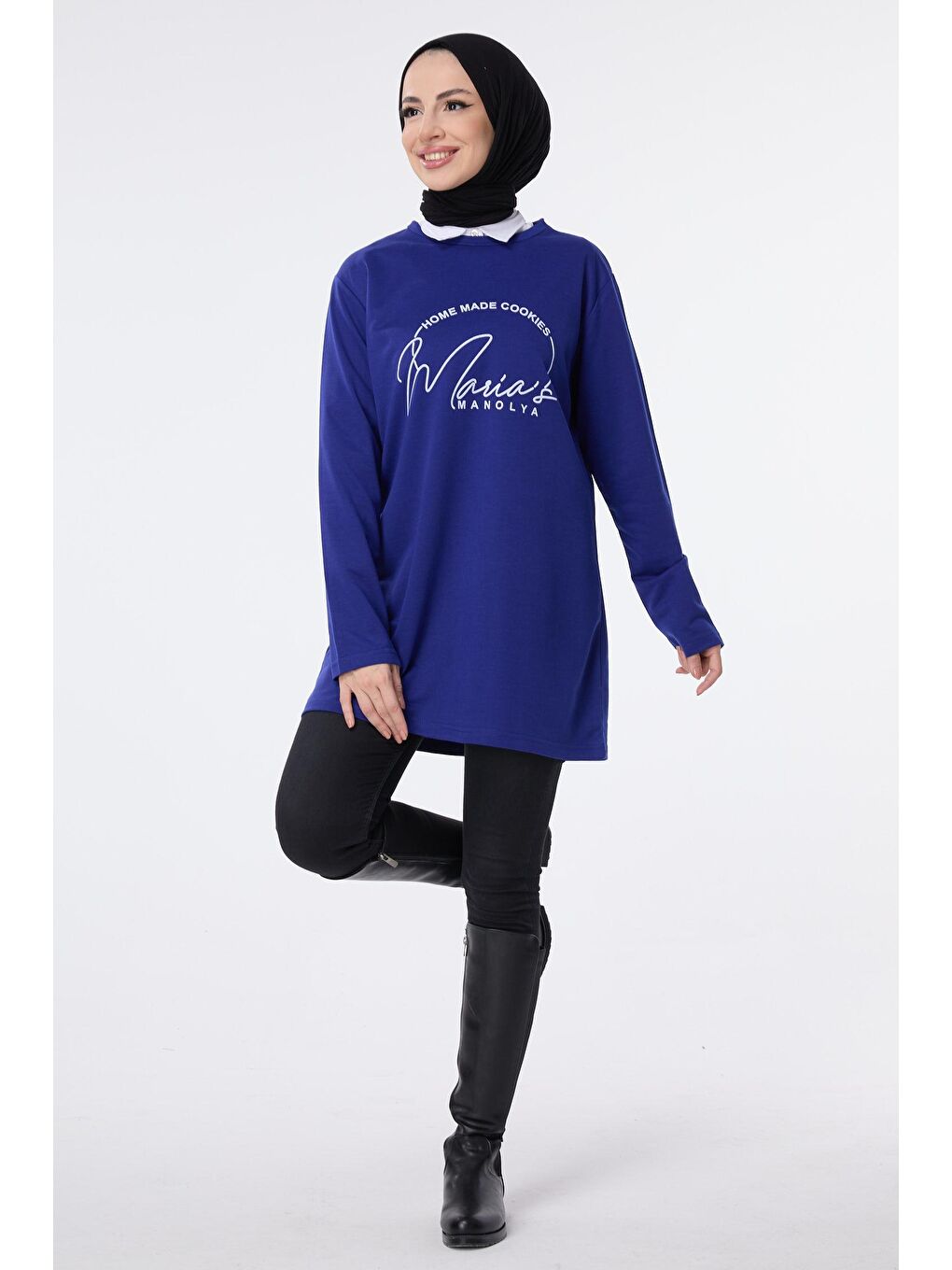 Bisiklet Yaka Kadın Mavi Sweat - 13073