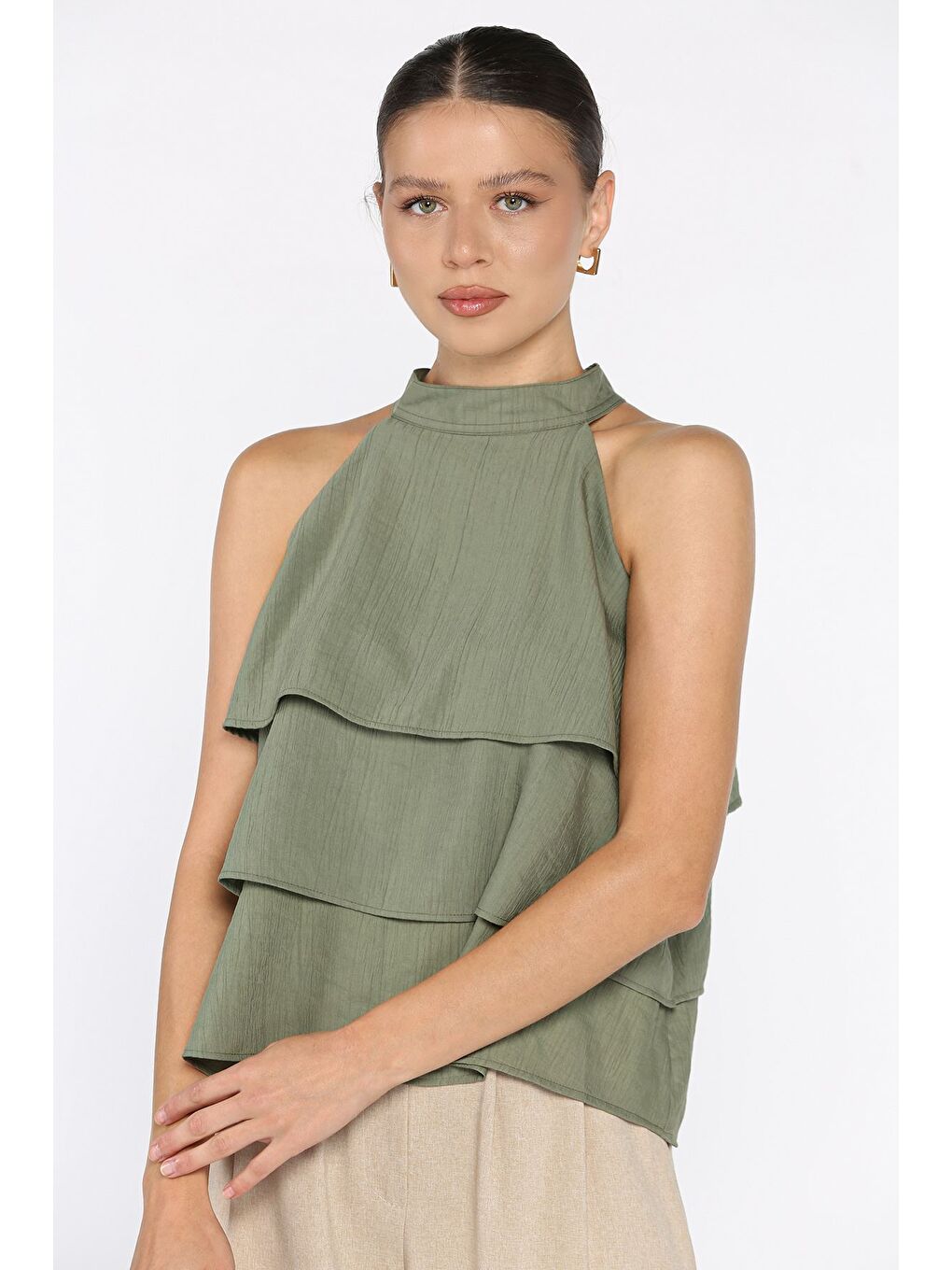 Haki Kadın Sıfır Kol Kat Kat Bluz