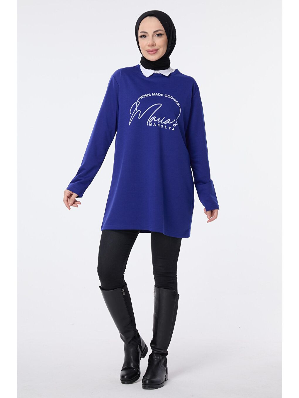 Bisiklet Yaka Kadın Mavi Sweat - 13073-1