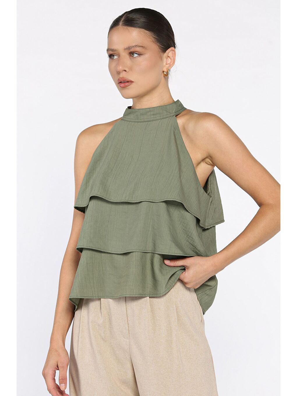 Haki Kadın Sıfır Kol Kat Kat Bluz-1