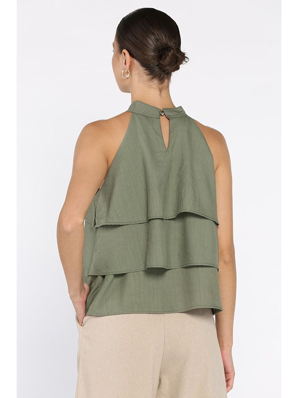 Haki Kadın Sıfır Kol Kat Kat Bluz-2