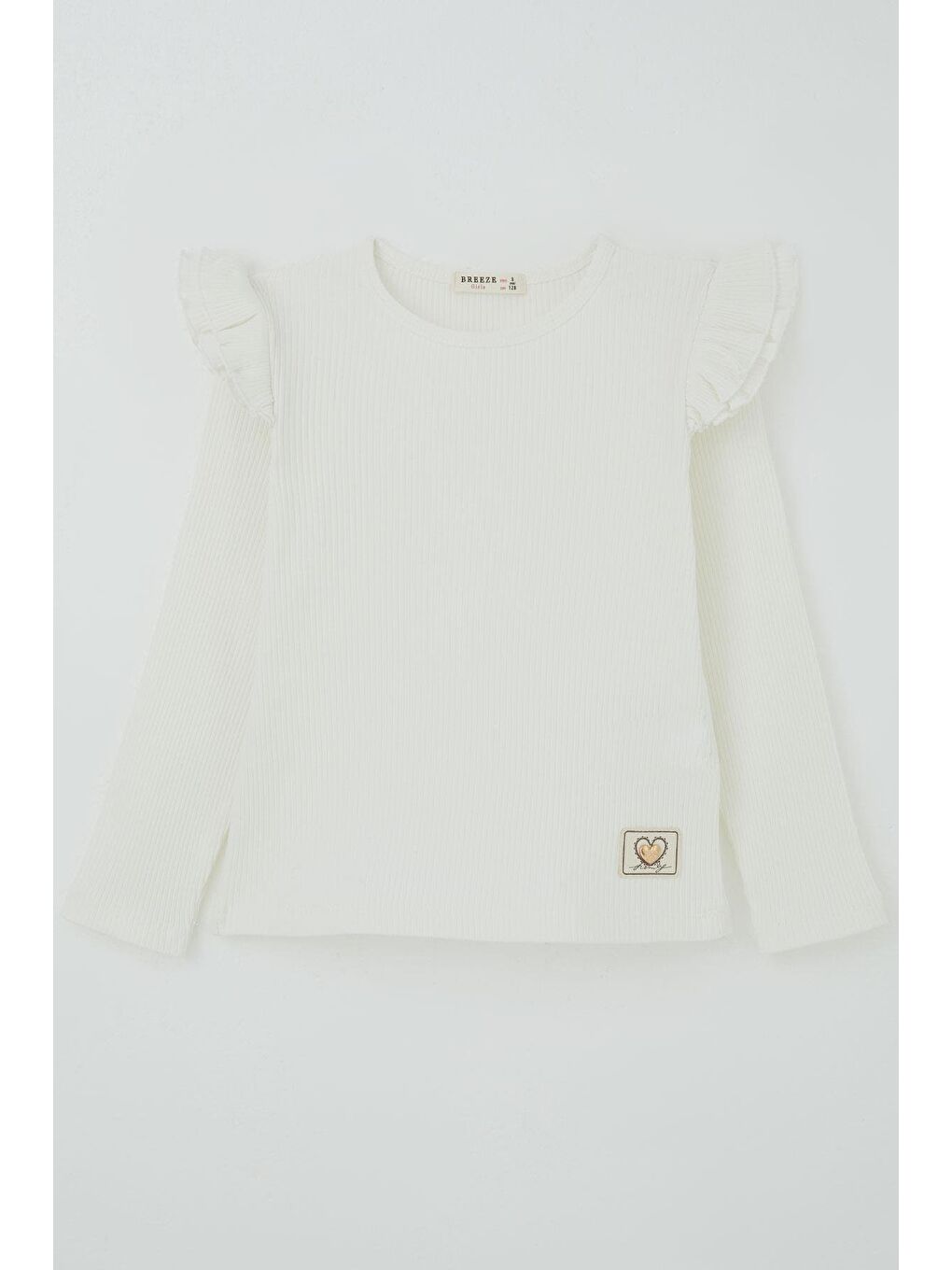 Kız Çocuk Uzun Kollu Tişört Kalp Arma Detaylı Omzu Fırfırlı Ekru (5-10 Yaş)