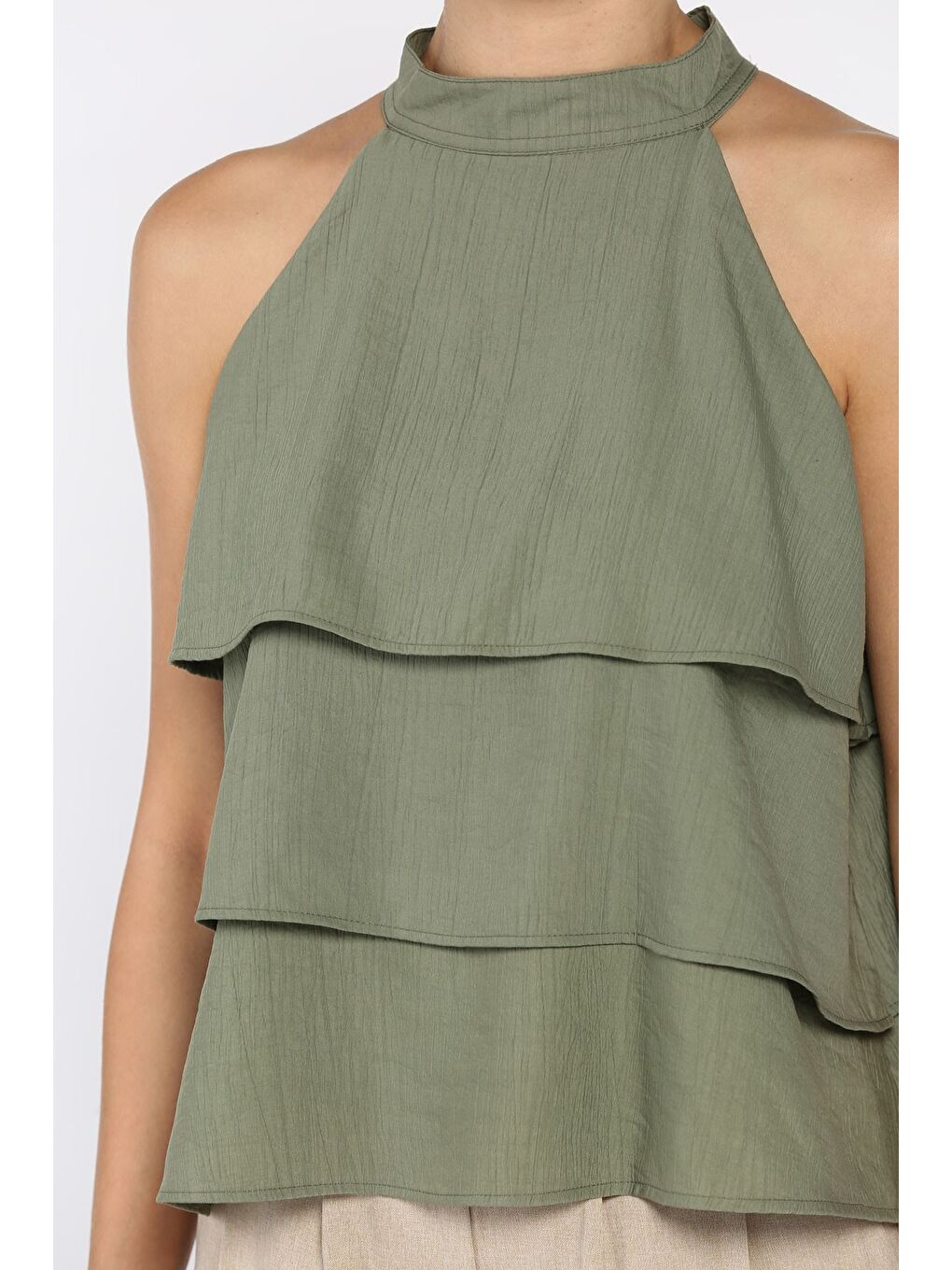 Haki Kadın Sıfır Kol Kat Kat Bluz-3