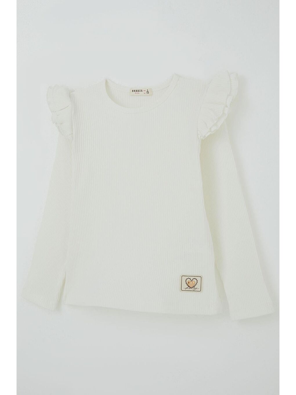 Kız Çocuk Uzun Kollu Tişört Kalp Arma Detaylı Omzu Fırfırlı Ekru (5-10 Yaş)-2