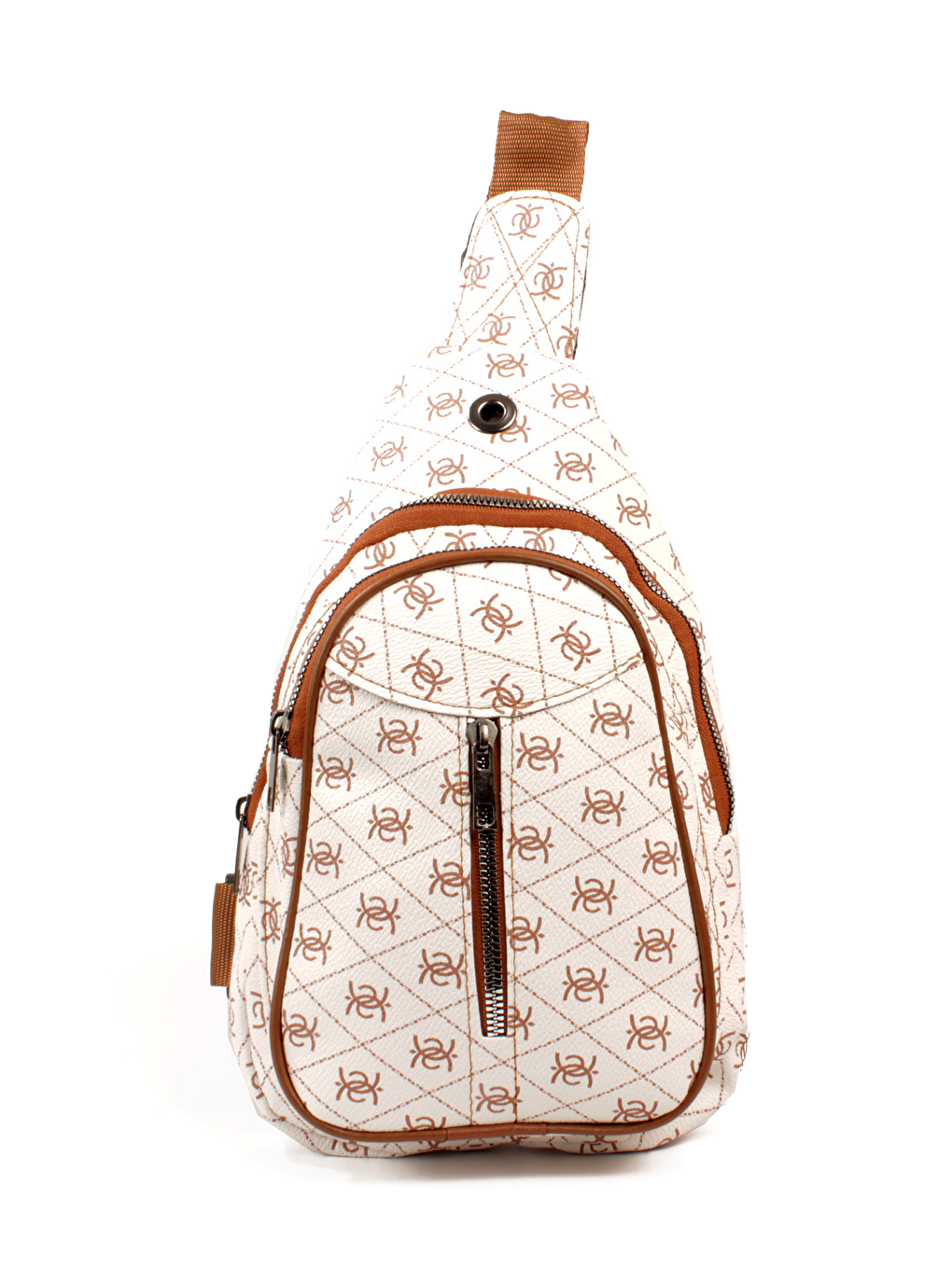 Beyaz Unisex Üç Bölmeli -Kulaklık Şarj Çıkış Yeri- Desenli Deri Kolon Askılı Göğüs ve Sırt Çantası (20789)-1