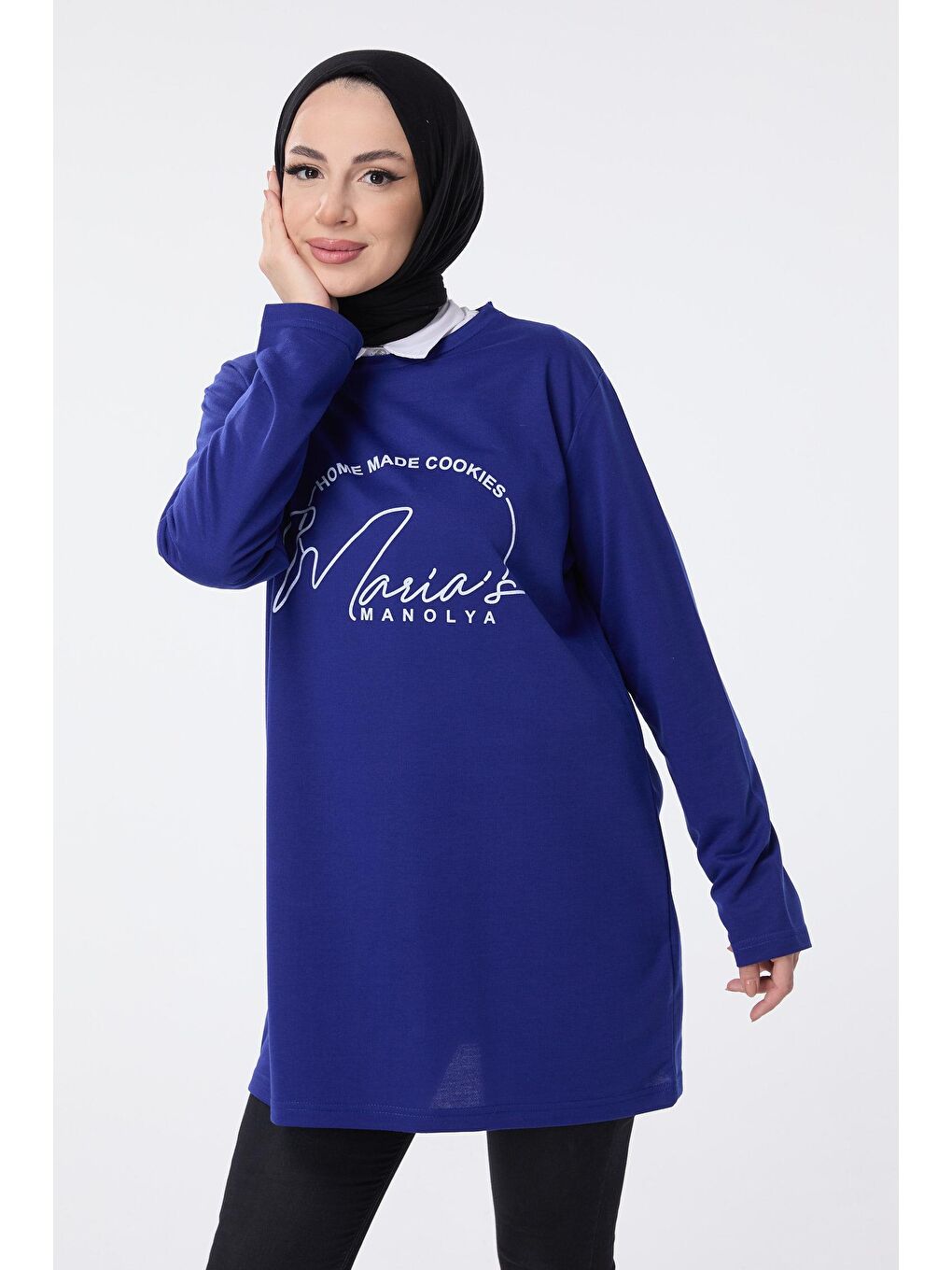 Bisiklet Yaka Kadın Mavi Sweat - 13073-3