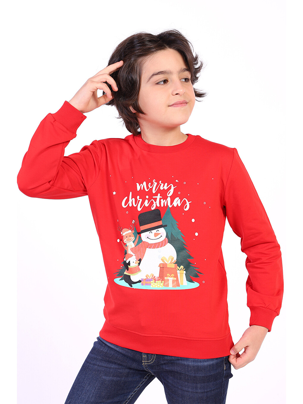 Kırmızı Unısex Çocuk Merry Chrıstmas Baskılı Sweatshirt