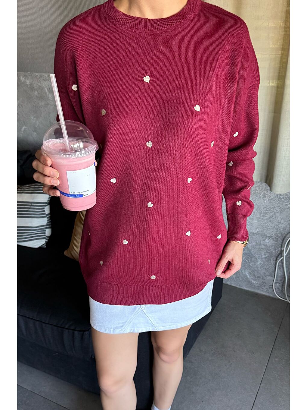 Bordo Kadın Kalp Nakışlı Triko Kazak-1