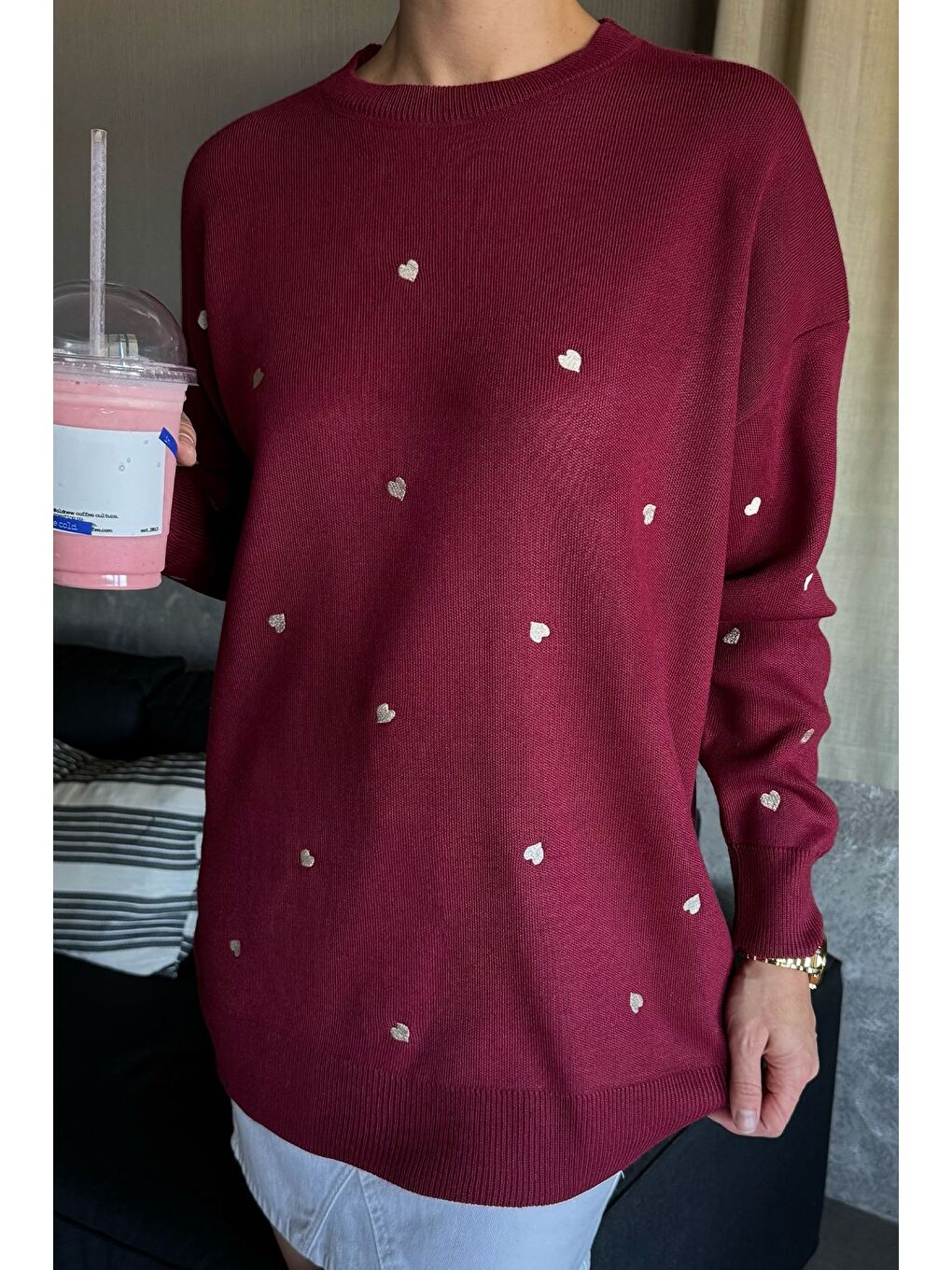 Bordo Kadın Kalp Nakışlı Triko Kazak-2