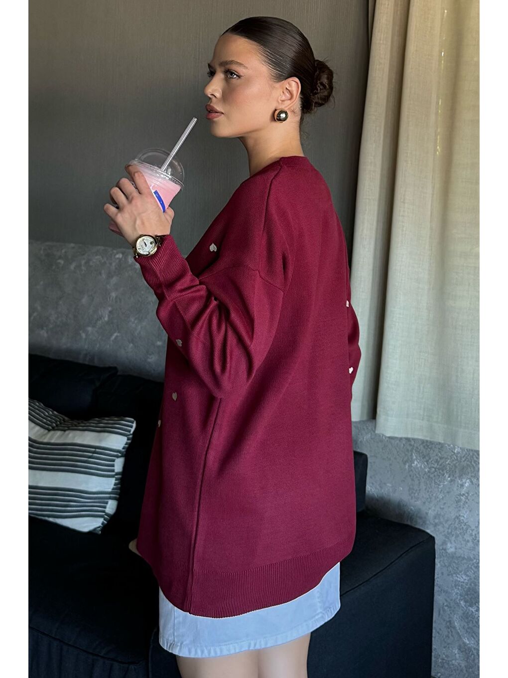 Bordo Kadın Kalp Nakışlı Triko Kazak-3