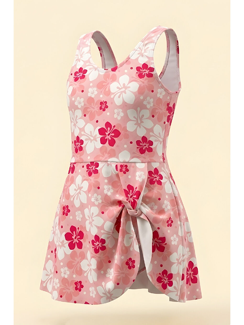 Pembe Kız Çocuk Elbise Mayo-Etek Büzgülü ve Çiçek Desenli 2-12 Yaş 12618B-1