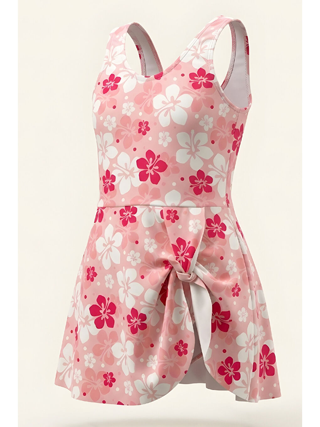 Pembe Kız Çocuk Elbise Mayo-Etek Büzgülü ve Çiçek Desenli 2-12 Yaş 12618B-2