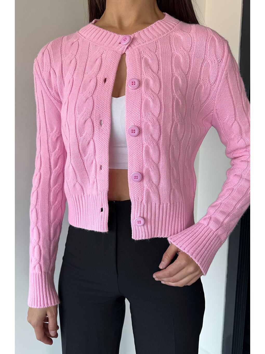 Pembe Örgü Desenli Kadın Triko Hırka (s,m,l Uyumludur)-1