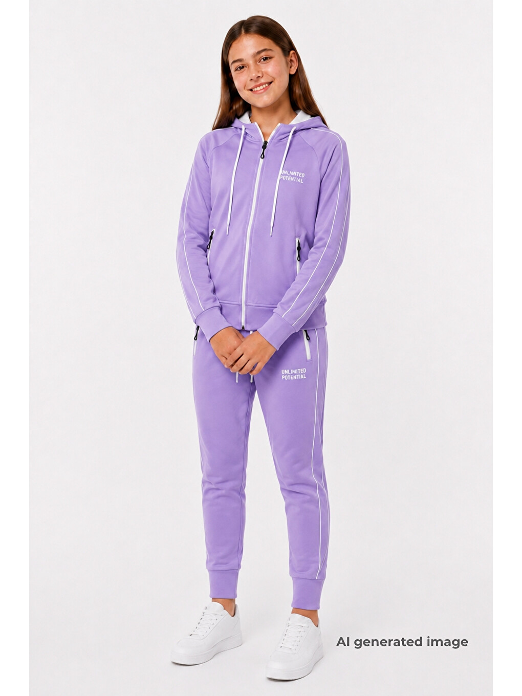 Lila Kız Çocuk Scuba Unlimited Çift Şeritli Kapüşonlu Reglan Kol Dalgıç Kumaş Eşofman Takımı Esf7023-2