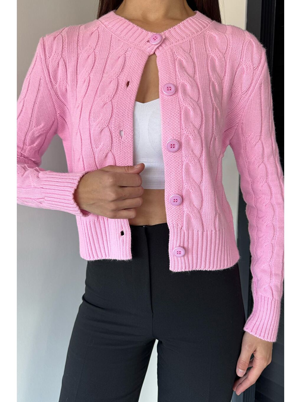 Pembe Örgü Desenli Kadın Triko Hırka (s,m,l Uyumludur)-2