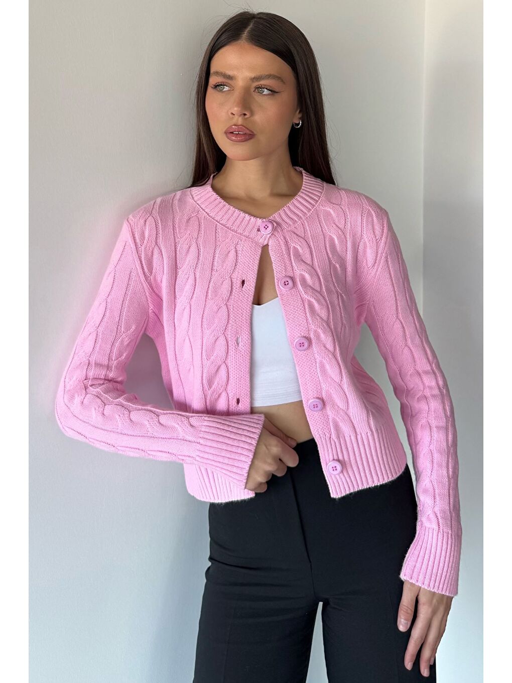 Pembe Örgü Desenli Kadın Triko Hırka (s,m,l Uyumludur)-3