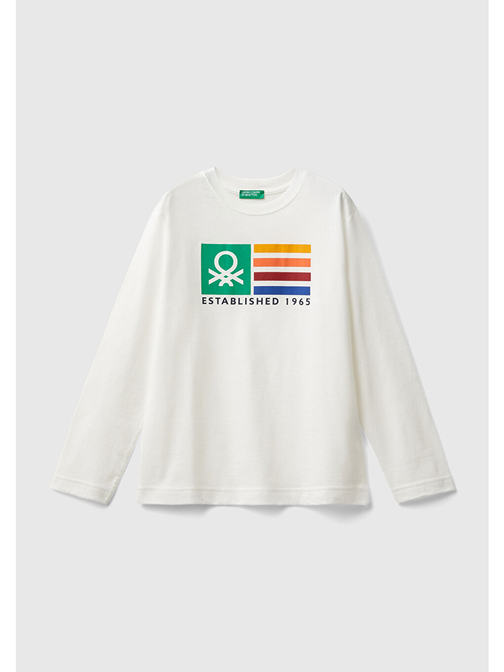 United Colors Of Benetton Erkek Çocuk Beyaz Önü Çok Renkli Logo Baskılı Bisiklet Yaka Uzun Sweatshırt