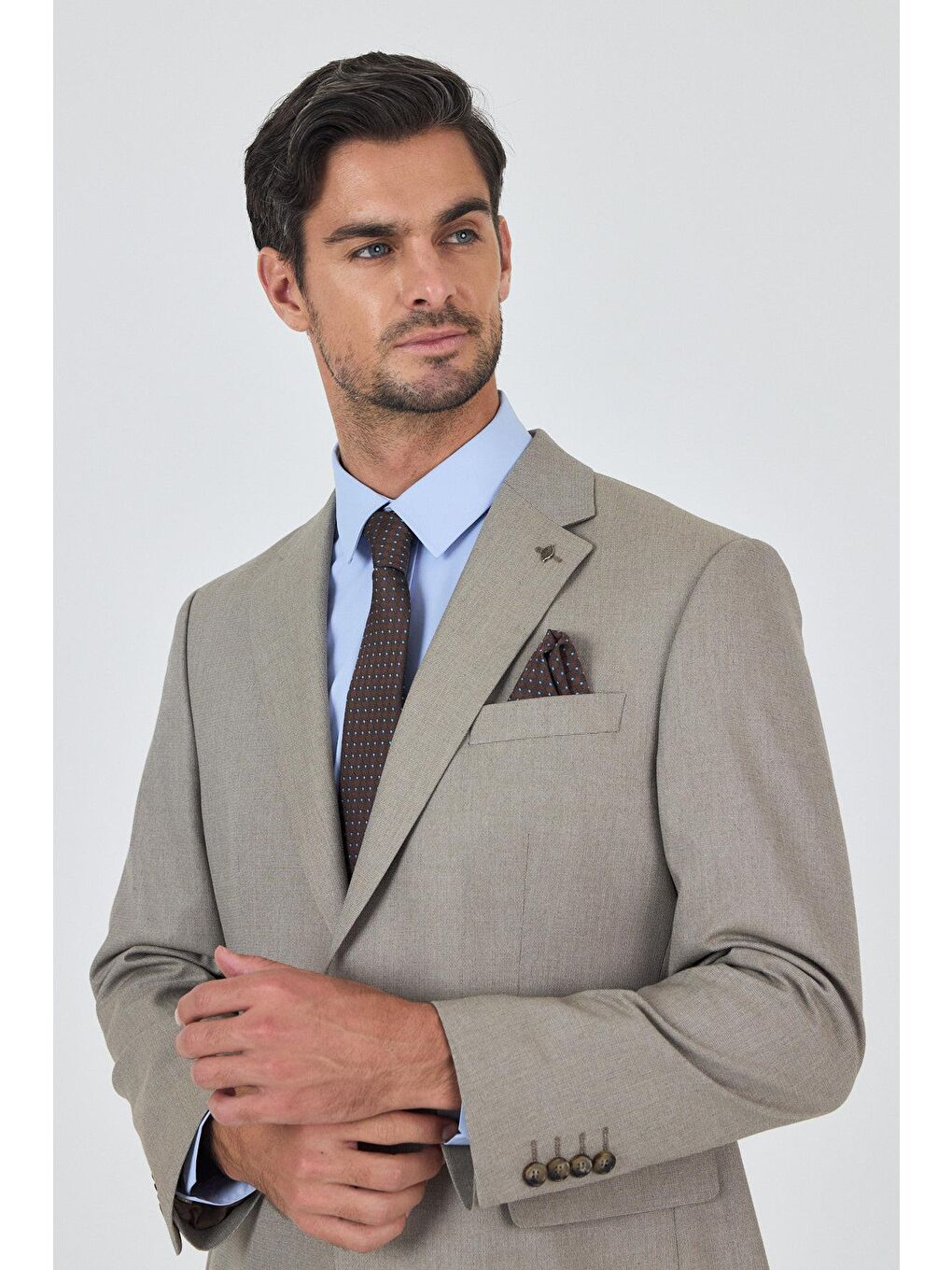 Koyu Bej Mono Yaka Astarlı Çift Yırtmaç Esnek 4 Drop Comfort Fit Classic Takım Elbise 1001250160-3
