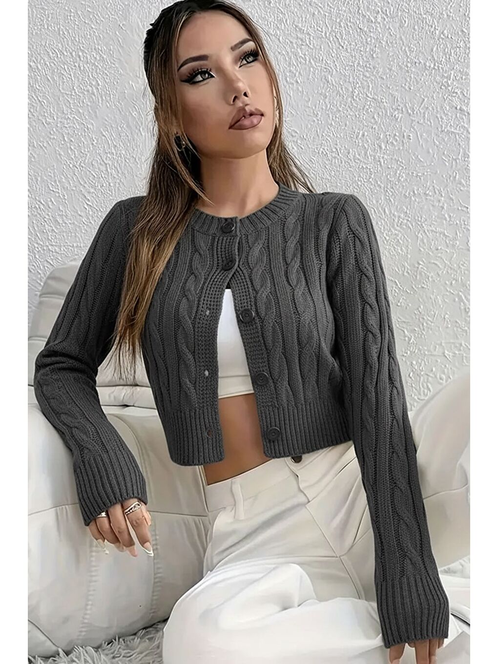 Gri Örgü Desenli Kadın Triko Hırka (s,m,l Uyumludur)