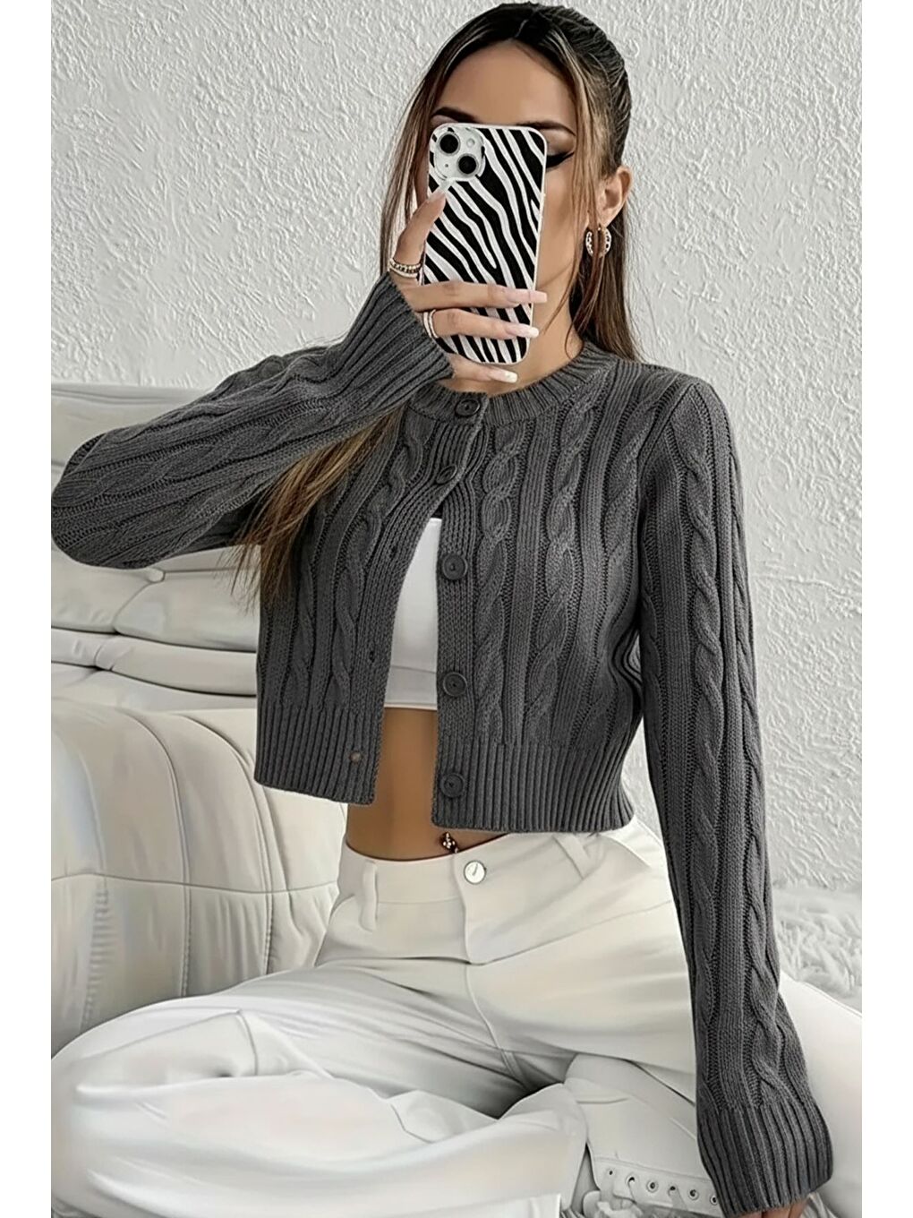 Gri Örgü Desenli Kadın Triko Hırka (s,m,l Uyumludur)-1