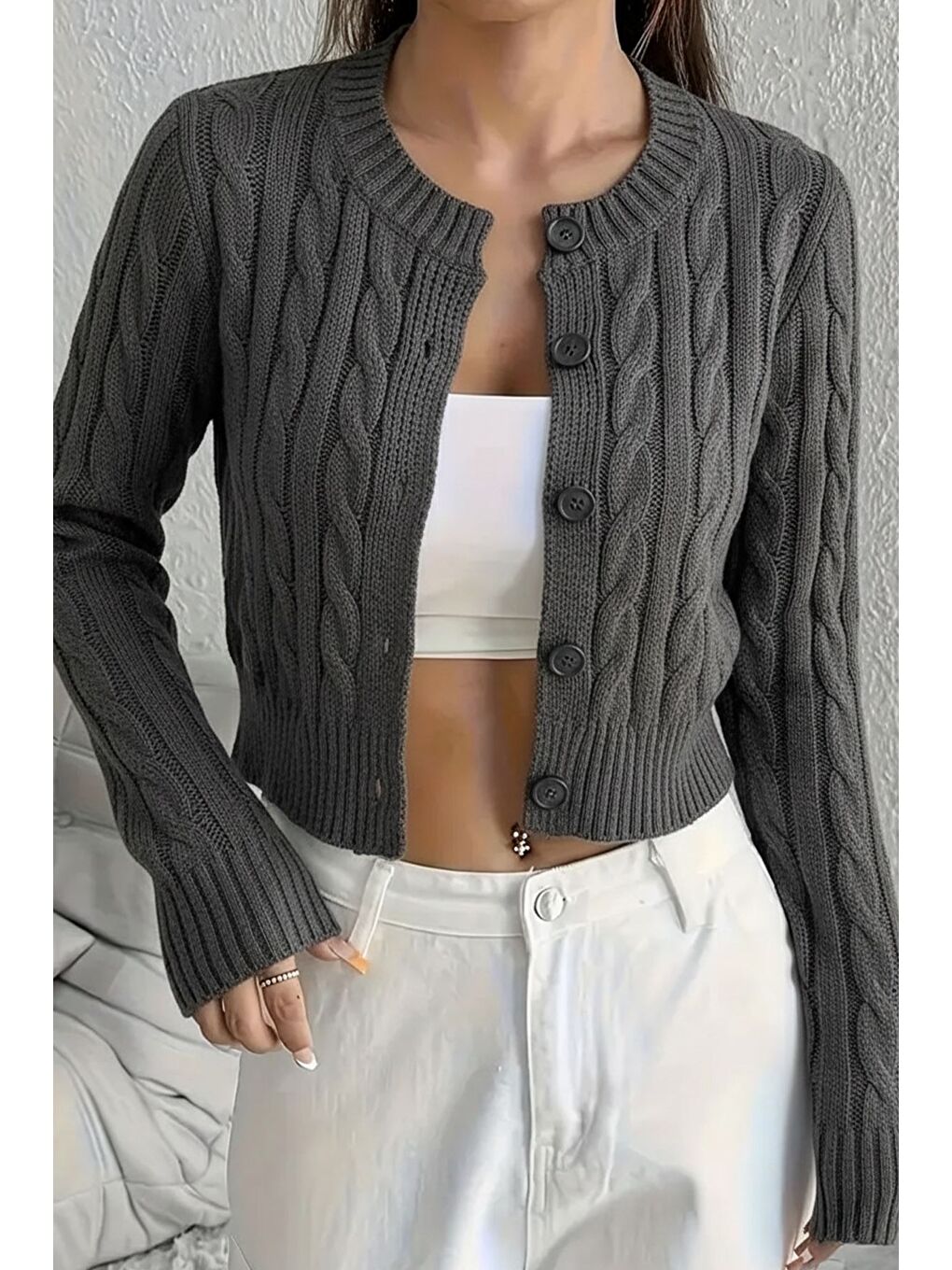 Gri Örgü Desenli Kadın Triko Hırka (s,m,l Uyumludur)-2