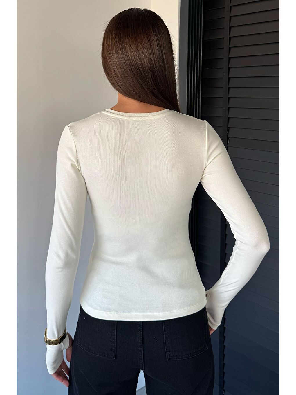 Ekru Kadın Bisiklet Yaka Uzun Kol Elastanlı Slim Fit Body Bluz-6