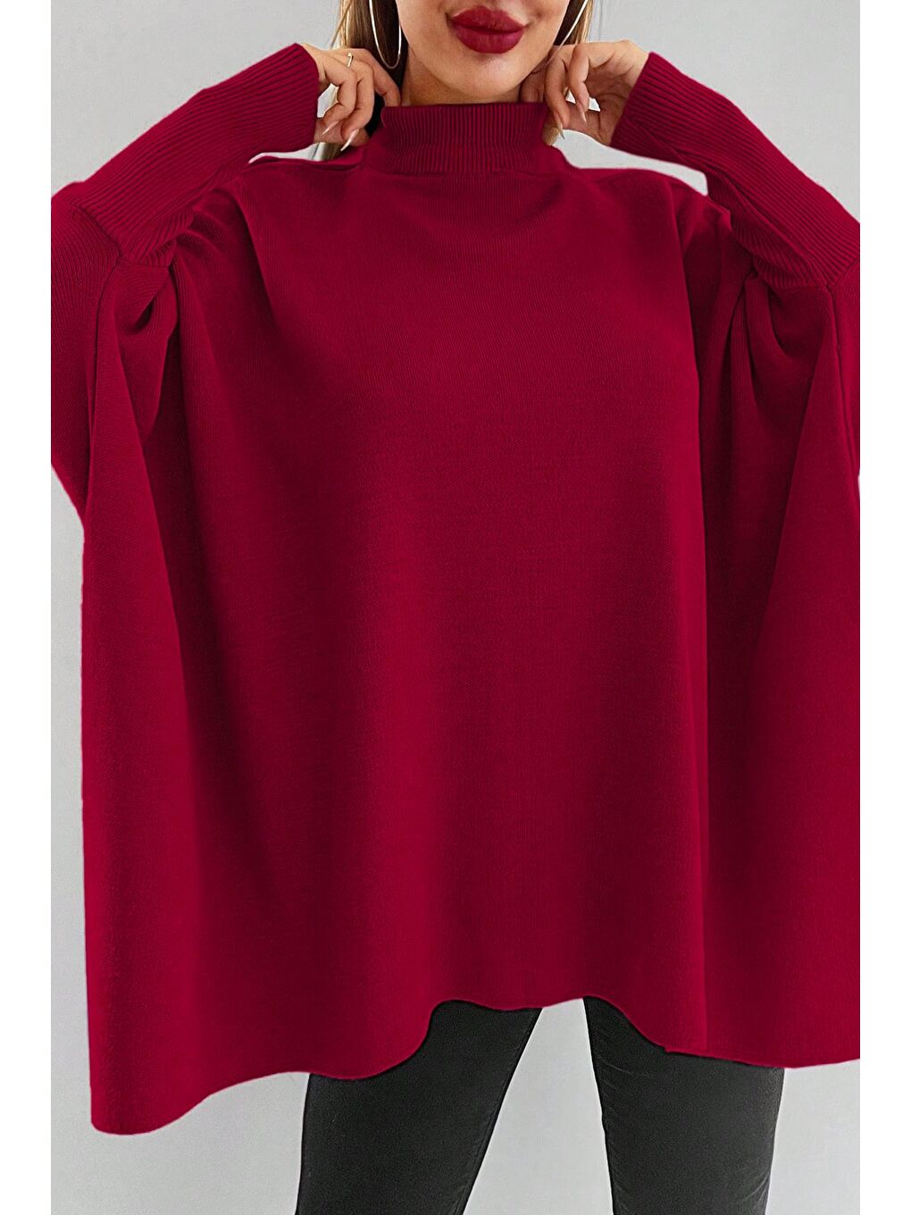 Bordo Kadın Bisiklet Yaka Düz Renk Triko Panço