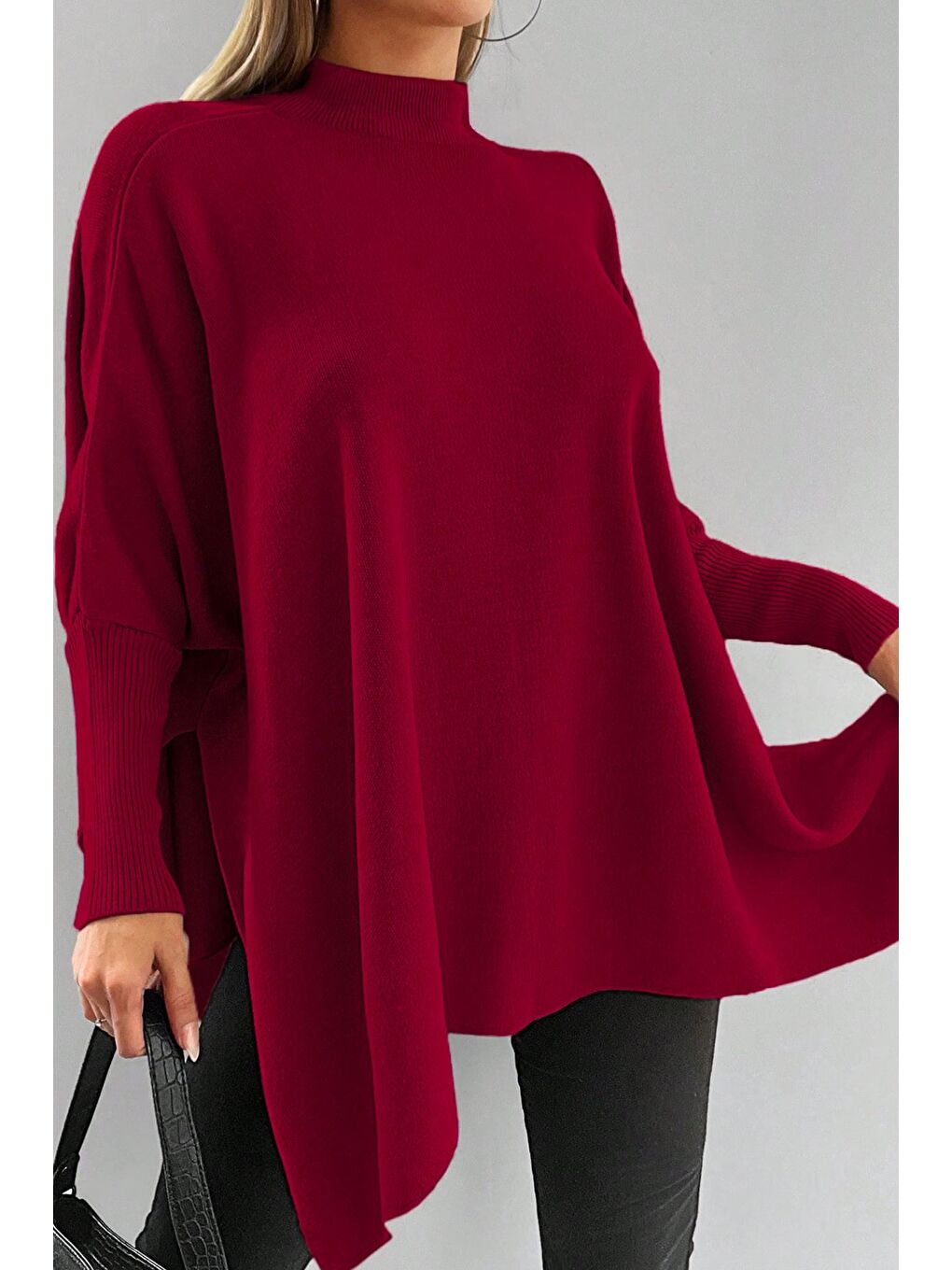 Bordo Kadın Bisiklet Yaka Düz Renk Triko Panço-1