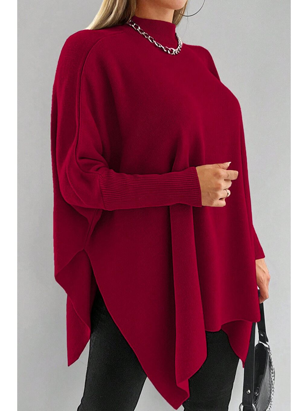 Bordo Kadın Bisiklet Yaka Düz Renk Triko Panço-2