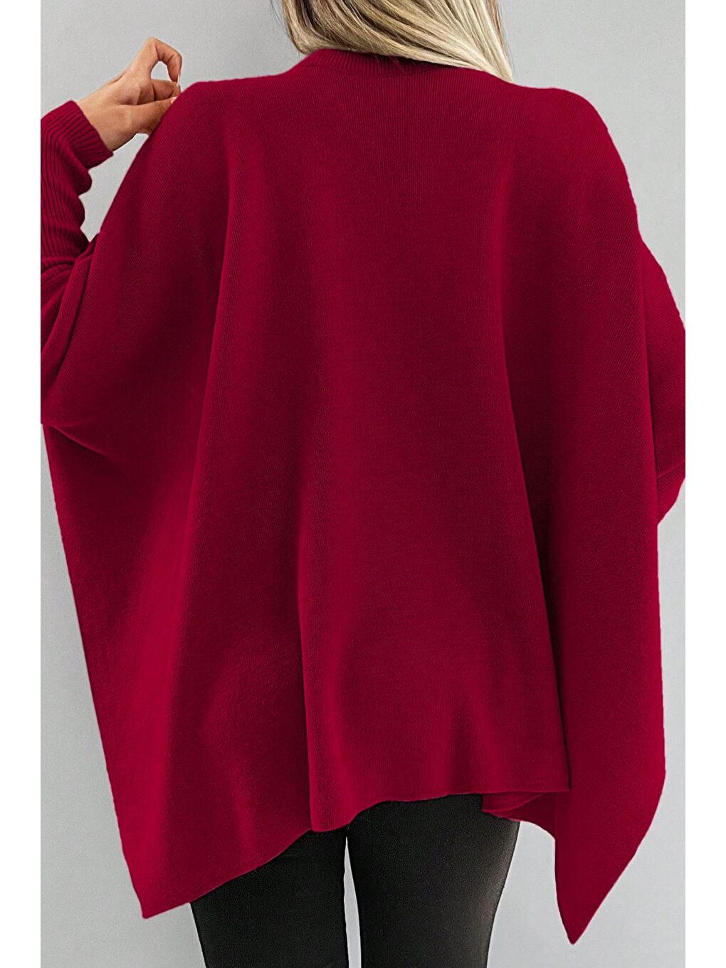 Bordo Kadın Bisiklet Yaka Düz Renk Triko Panço-3