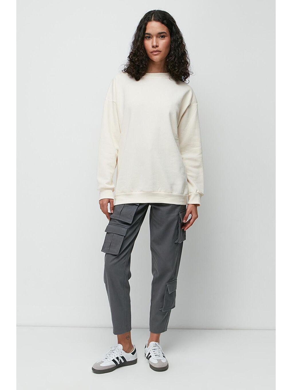 C&City Bej Oversize Basic Bisiklet Yaka Kalın Sweatshirt 951 Bej - 1