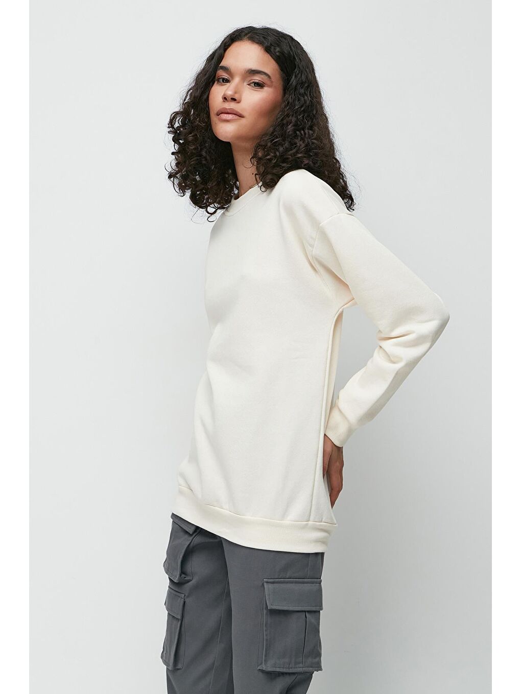 C&City Bej Oversize Basic Bisiklet Yaka Kalın Sweatshirt 951 Bej - 2