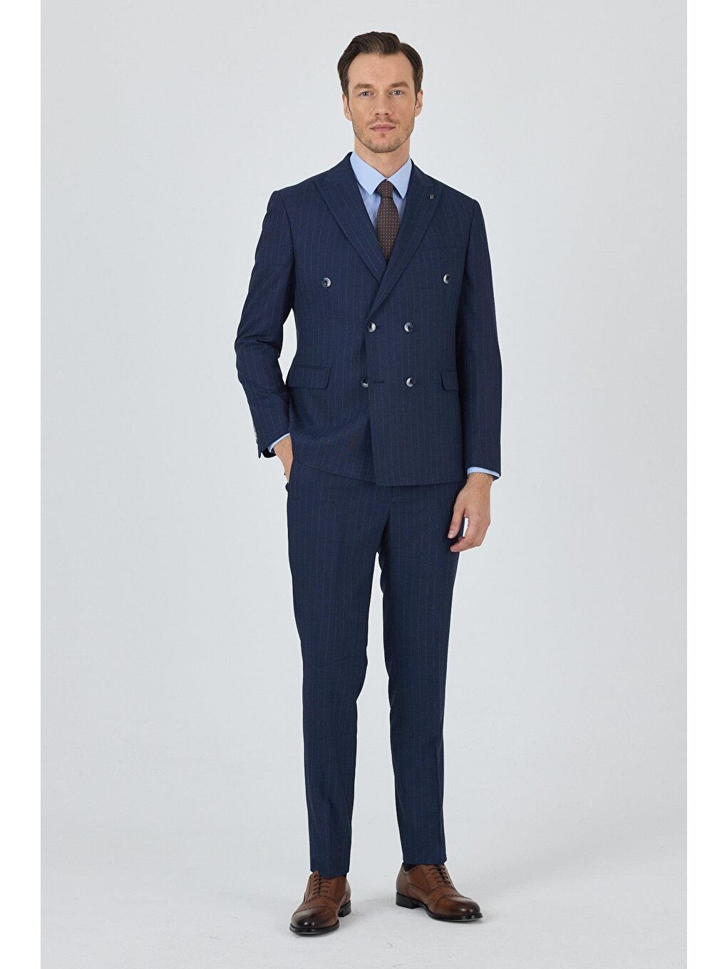 Lacivert Kılıç Yaka Çizgili Desen Kruvaze Classic Esnek Slim Fit Takım Elbise 1001250173-1