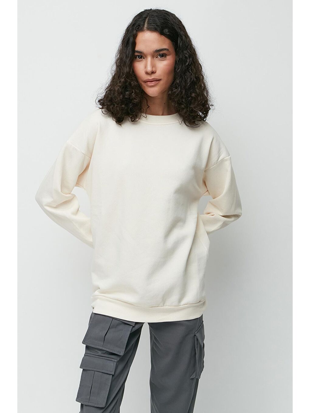 C&City Bej Oversize Basic Bisiklet Yaka Kalın Sweatshirt 951 Bej - 3