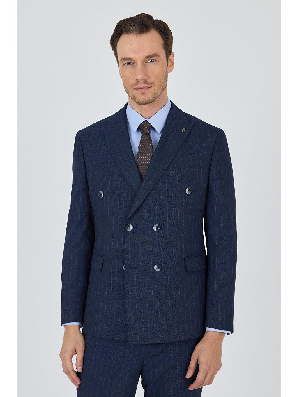 Lacivert Kılıç Yaka Çizgili Desen Kruvaze Classic Esnek Slim Fit Takım Elbise 1001250173-2