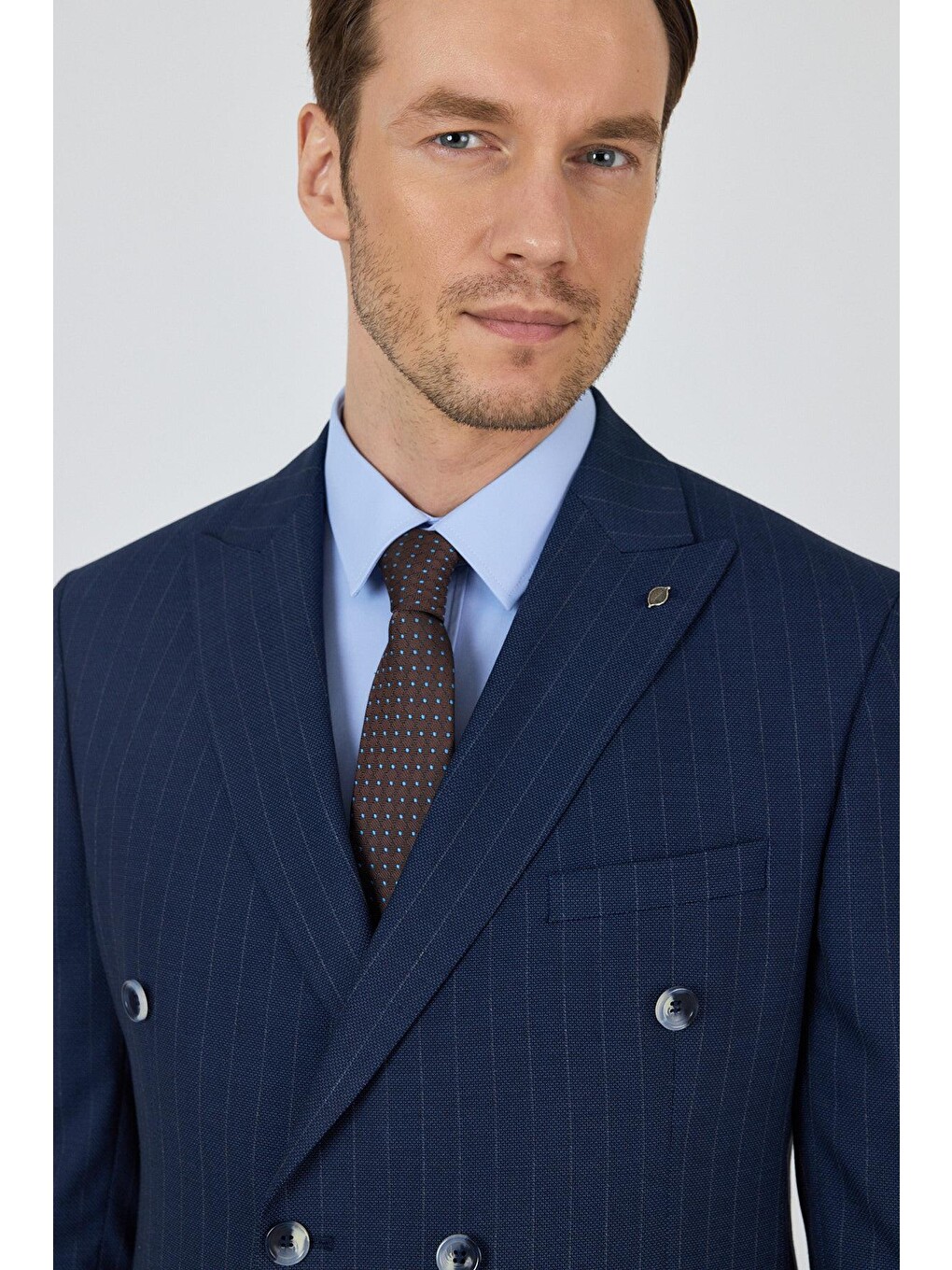 Lacivert Kılıç Yaka Çizgili Desen Kruvaze Classic Esnek Slim Fit Takım Elbise 1001250173-3