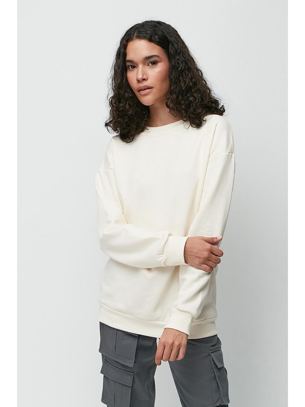 C&City Bej Oversize Basic Bisiklet Yaka Kalın Sweatshirt 951 Bej - 4