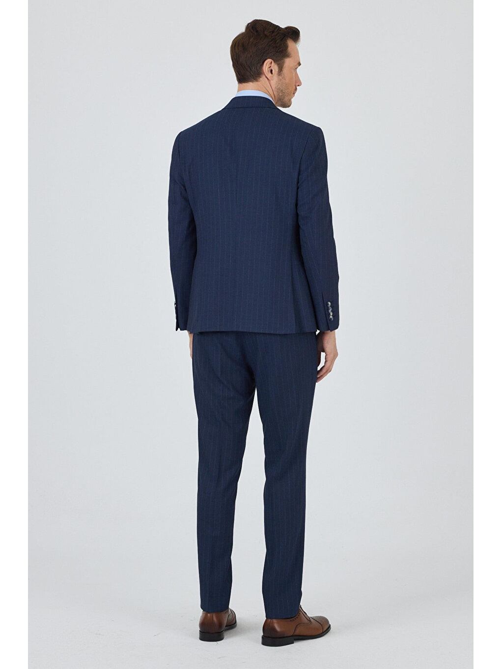 Lacivert Kılıç Yaka Çizgili Desen Kruvaze Classic Esnek Slim Fit Takım Elbise 1001250173-4