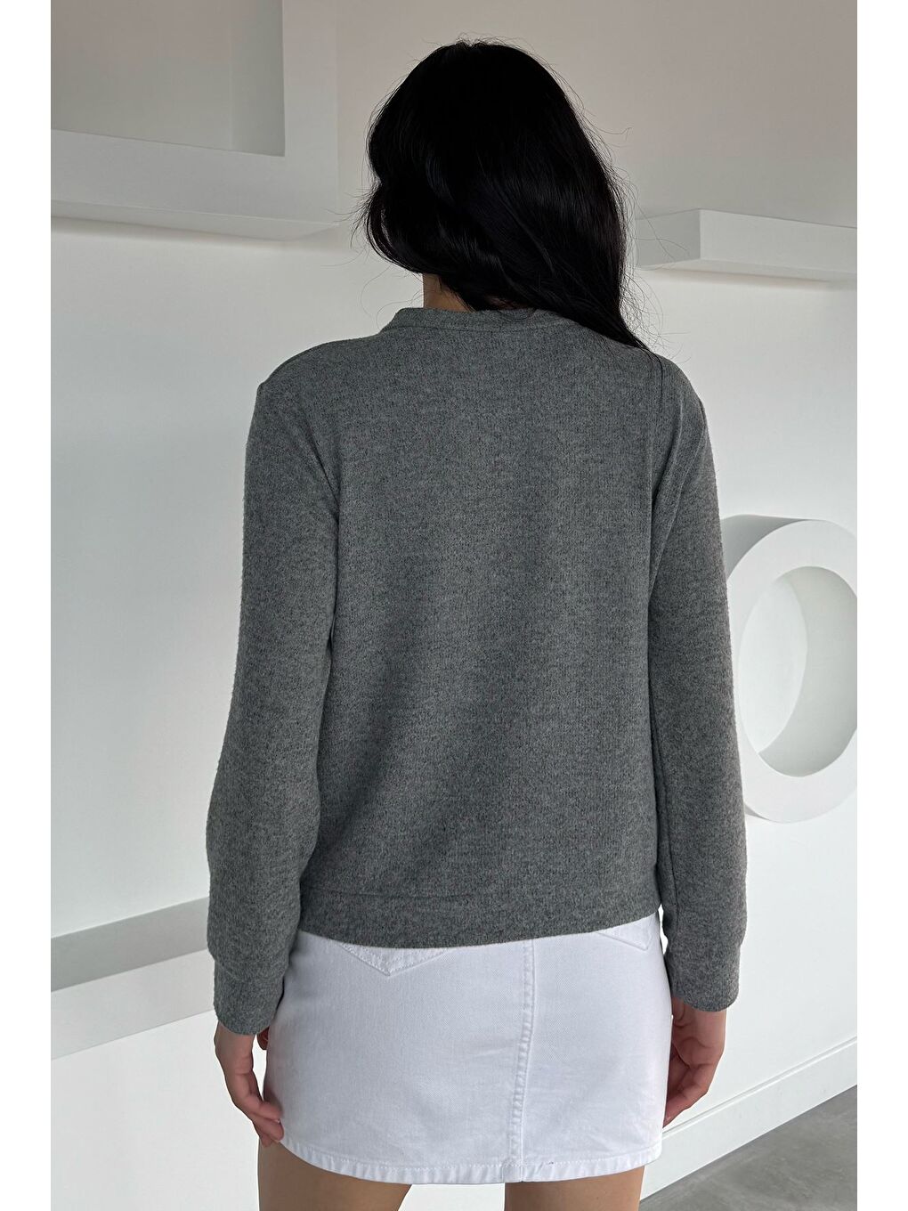 Gri Kadın Fiyonk Düğmeli Triko Hırka-3