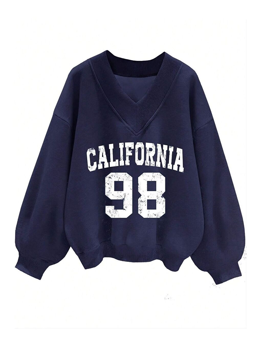 Trendseninle Kadın 3 Iplik Lacivert California 98 Baskılı V Yaka Oversize Sweatshirt