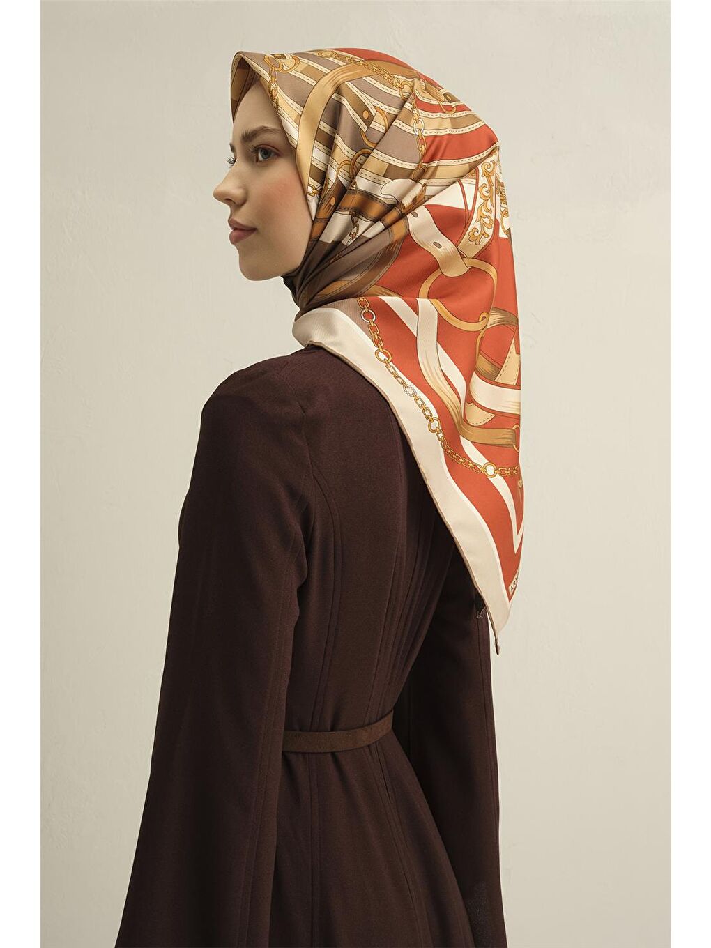 Turuncu Leopar Desenli Saf İpek Twill Eşarp 9315 05-2