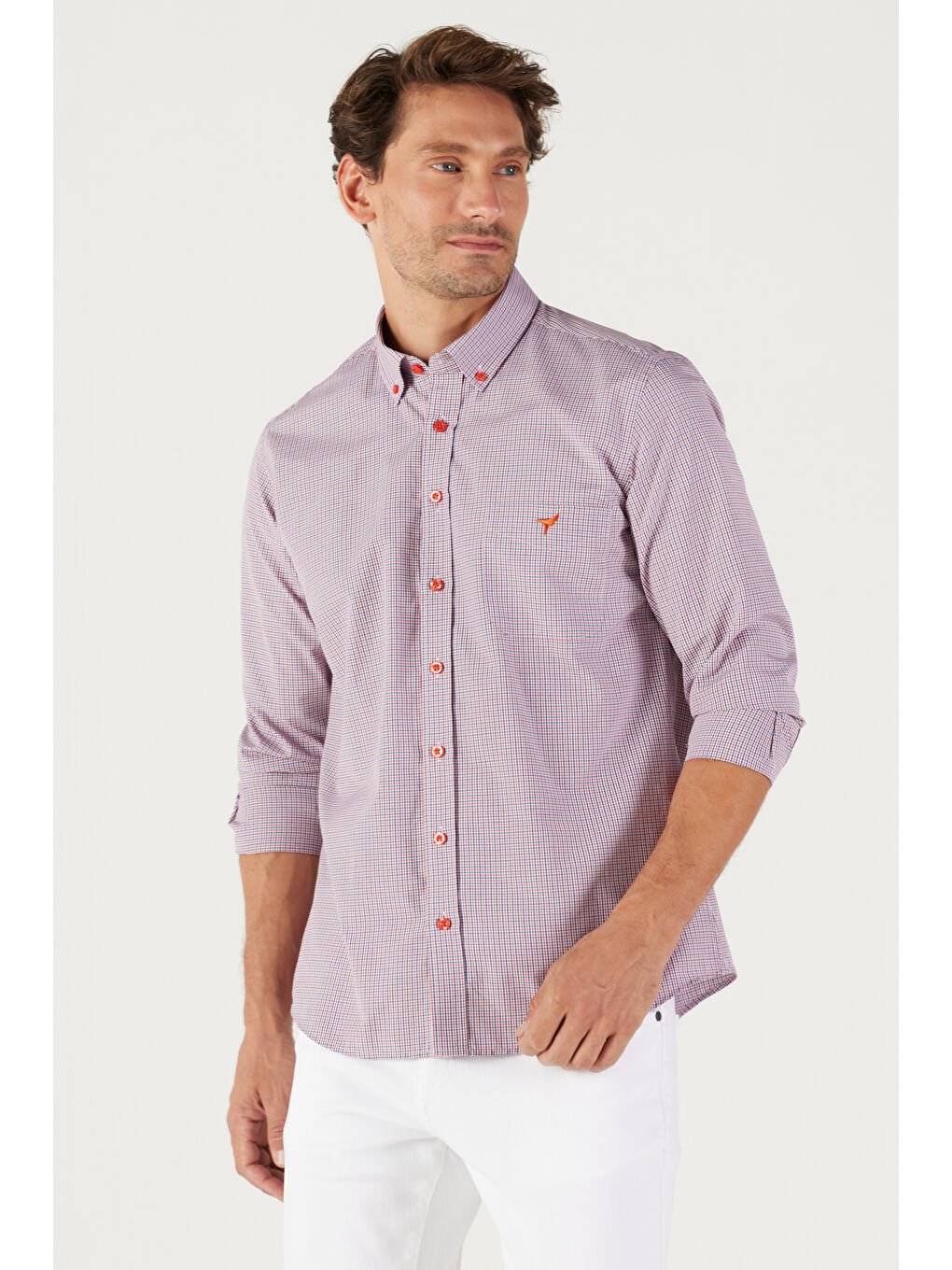 Erkek Lacivert-Kırmızı Slim Fit Dar Kesim Düğmeli Yaka Logolu Cepli Pamuklu Çizgili Gömlek