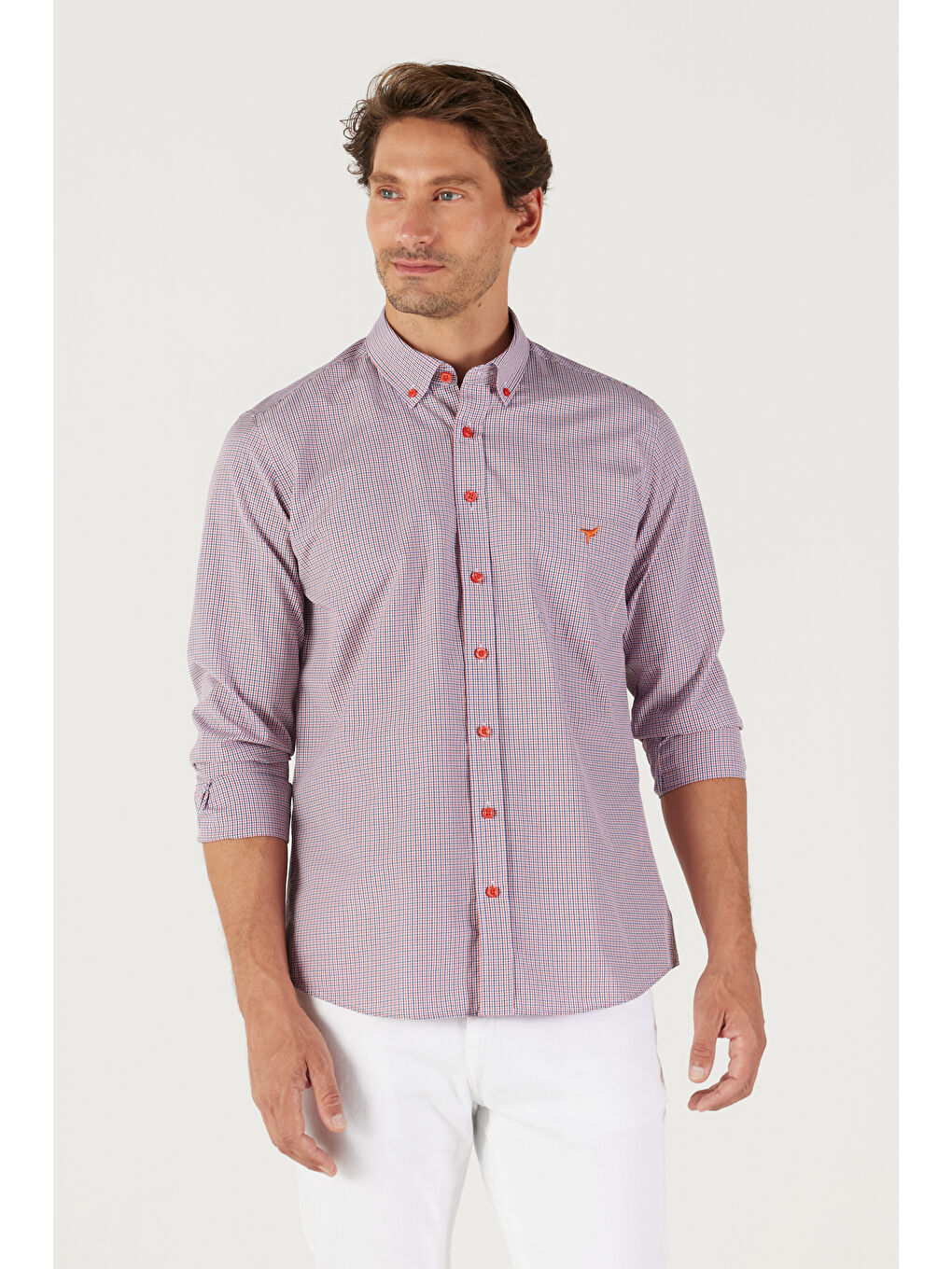 Erkek Lacivert-Kırmızı Slim Fit Dar Kesim Düğmeli Yaka Logolu Cepli Pamuklu Çizgili Gömlek-2