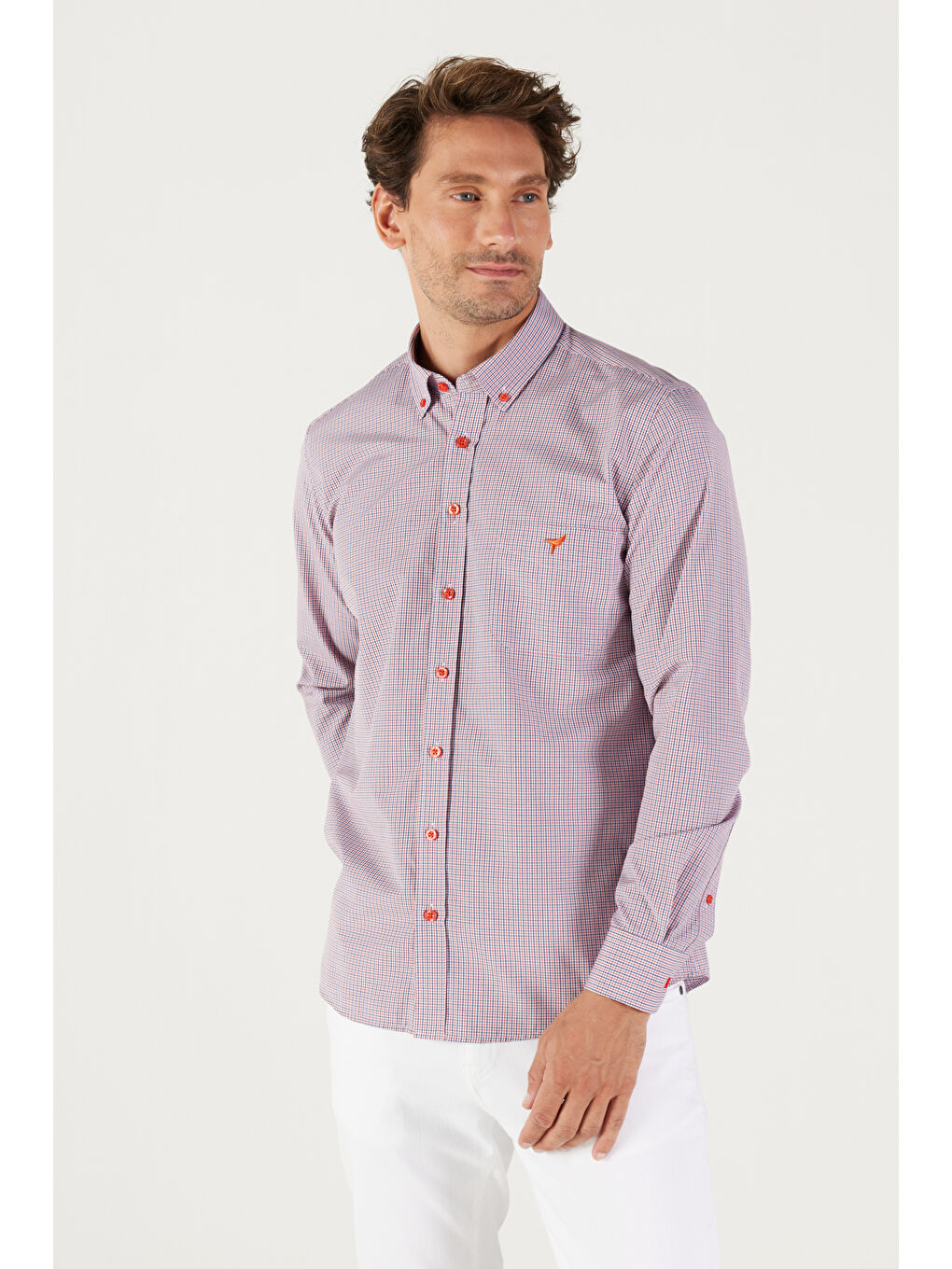 Erkek Lacivert-Kırmızı Slim Fit Dar Kesim Düğmeli Yaka Logolu Cepli Pamuklu Çizgili Gömlek-3