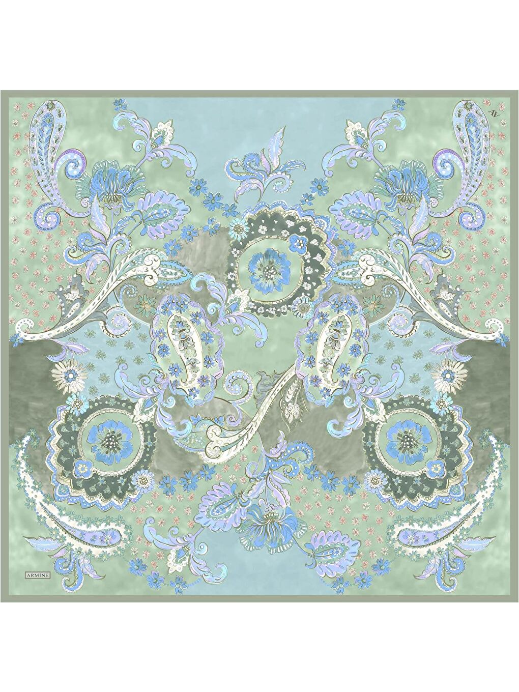 Yeşil Klasik Desenli Saf İpek Twill Eşarp 9338 56-1