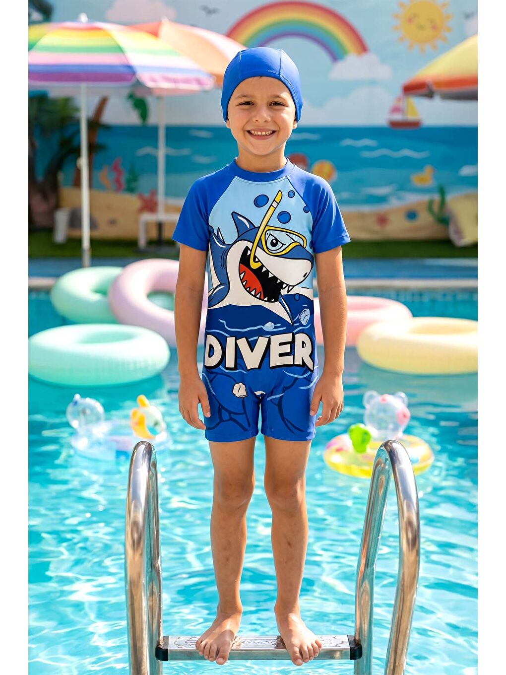 Kısa Kollu Desenli Erkek Çocuk Tulum 26904 Mavi-2
