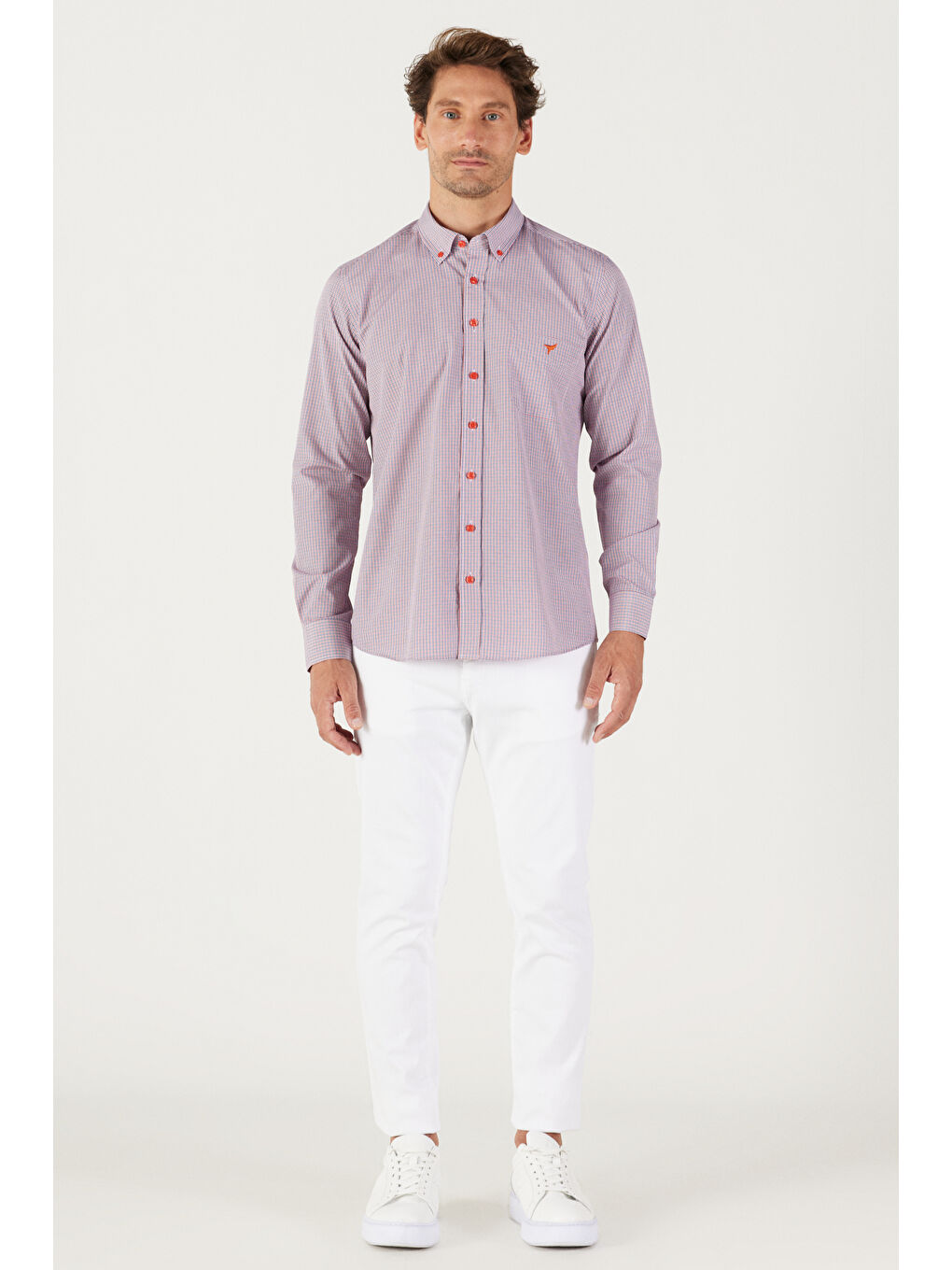 Erkek Lacivert-Kırmızı Slim Fit Dar Kesim Düğmeli Yaka Logolu Cepli Pamuklu Çizgili Gömlek-5