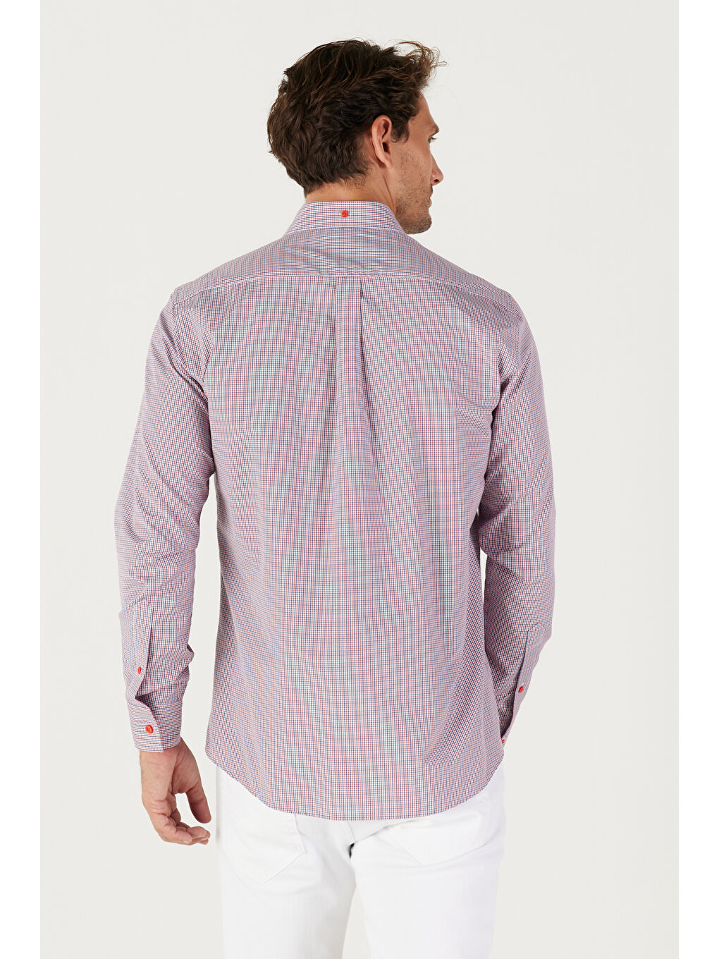 Erkek Lacivert-Kırmızı Slim Fit Dar Kesim Düğmeli Yaka Logolu Cepli Pamuklu Çizgili Gömlek-6