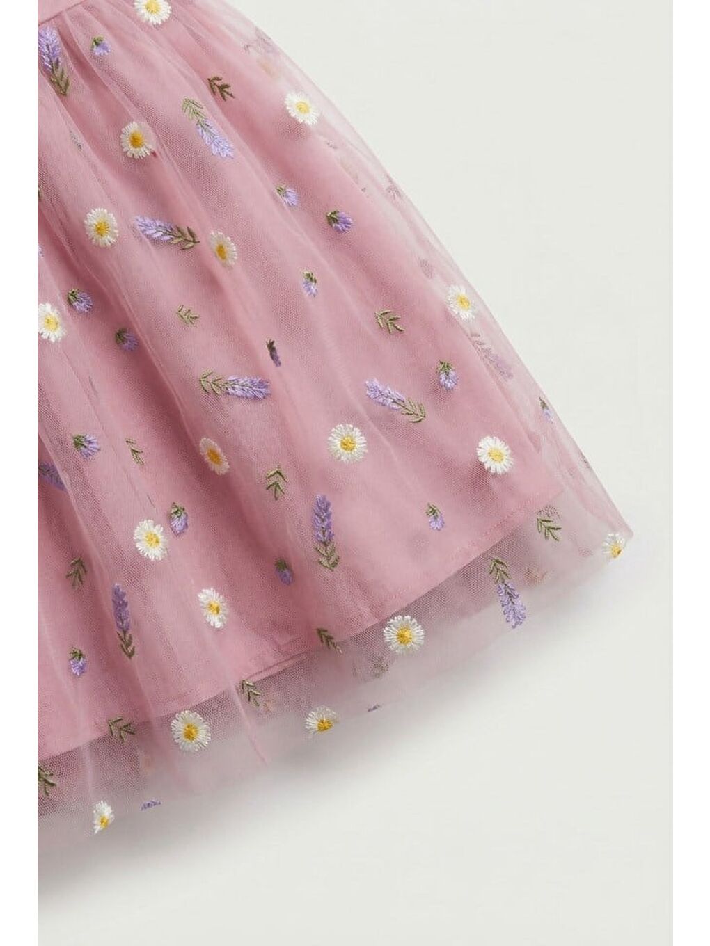 Kız Çocuk Pamuklu Pembe Çiçek Nakışlı Tül Elbise-1