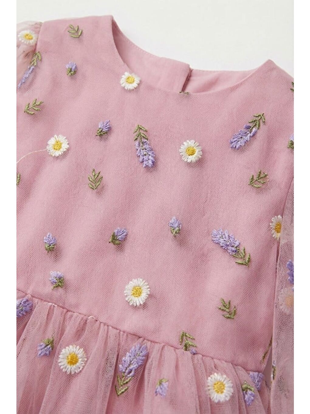 Kız Çocuk Pamuklu Pembe Çiçek Nakışlı Tül Elbise-2